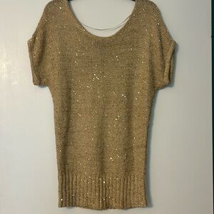 Sparkly cotton/poly sweater with sequins. Length falls below the hip.